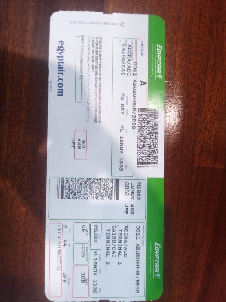 EgyptAir boarding pass for Brig Adubofour, Accra to Cairo