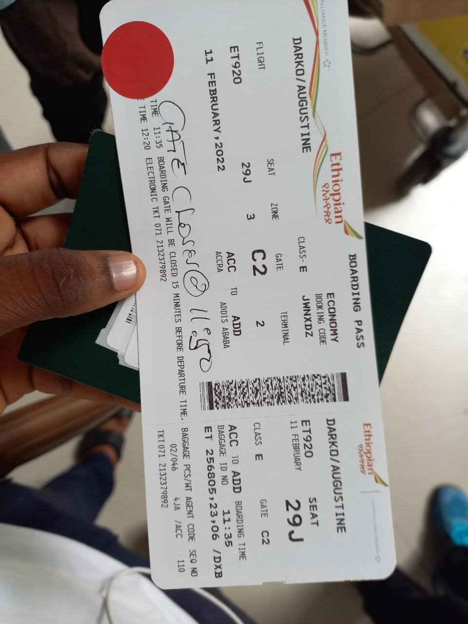 Ethiopian Airlines boarding pass for Augustine Darko, Accra to Addis Ababa
