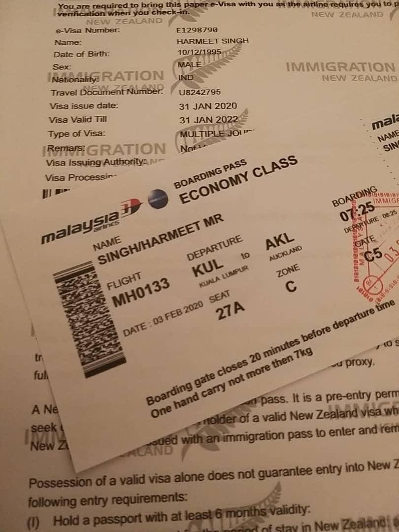 Malaysia Airlines boarding pass and New Zealand e-Visa for Harmeet Singh