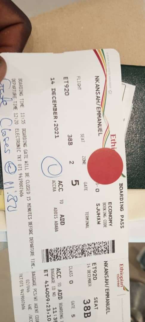 Ethiopian Airlines boarding pass for Emmanuel Nkansah, Accra to Addis Ababa