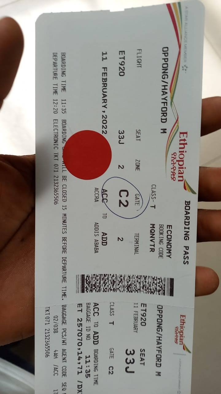 Ethiopian Airlines boarding pass for Hayford Oppong, Accra to Addis Ababa