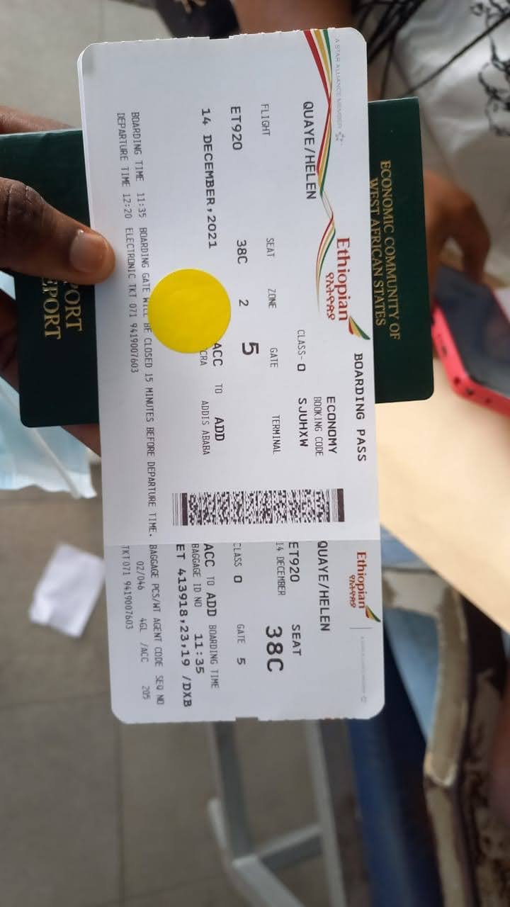 Ethiopian Airlines boarding pass for Helen Quaye, Accra to Addis Ababa